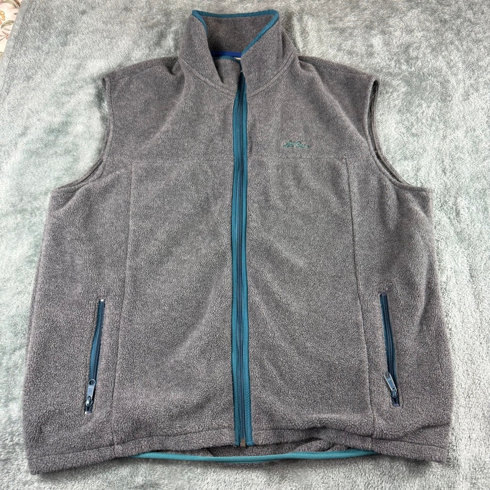 Vintage LL Bean Mens Fleece Vest Gray Full Zip Teal‎ Trim Gorpcore Outdoor Large